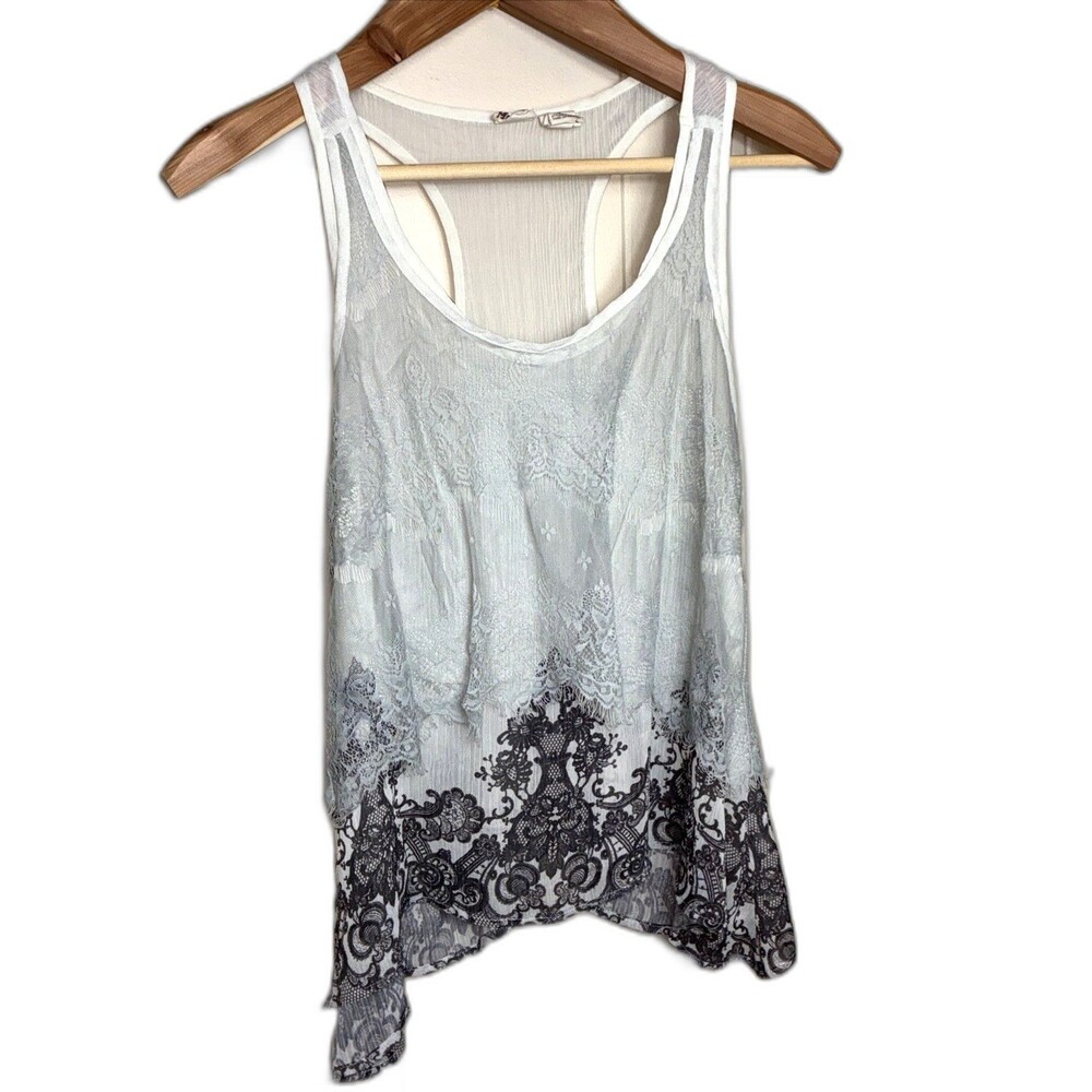 Mudd Women’s XL White Gray Sleeveless Tank Top Lace Trim Lacy Detail Casual Y2K